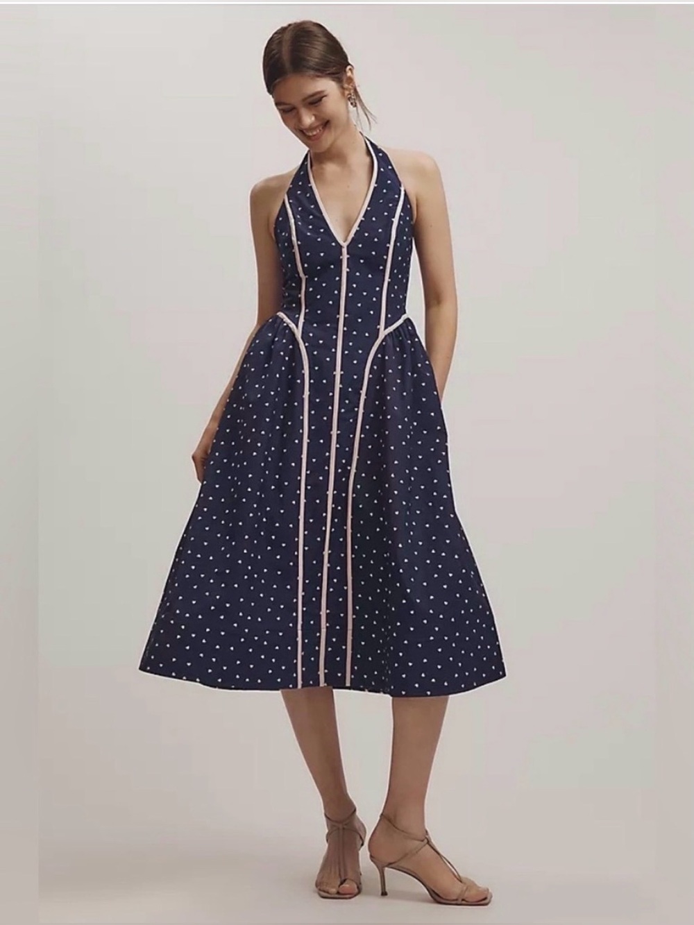 Anthropologie Maeve V Neck Waisted Halter Midi Dress Navy Blue Heart Size Large